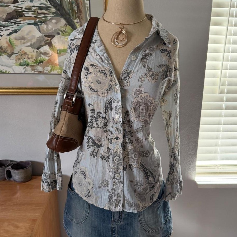 Vintage Y2K Euro Summer Floral Paisley Button Down Top Light Blue Small Medium